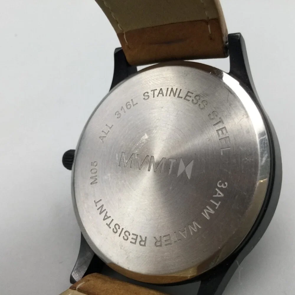 MVMT Classic Watch Men 45mm Black Date Brown Leather Band New Battery